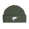 Green beanie with a white logo of a leaping bass fish chasing a streamer