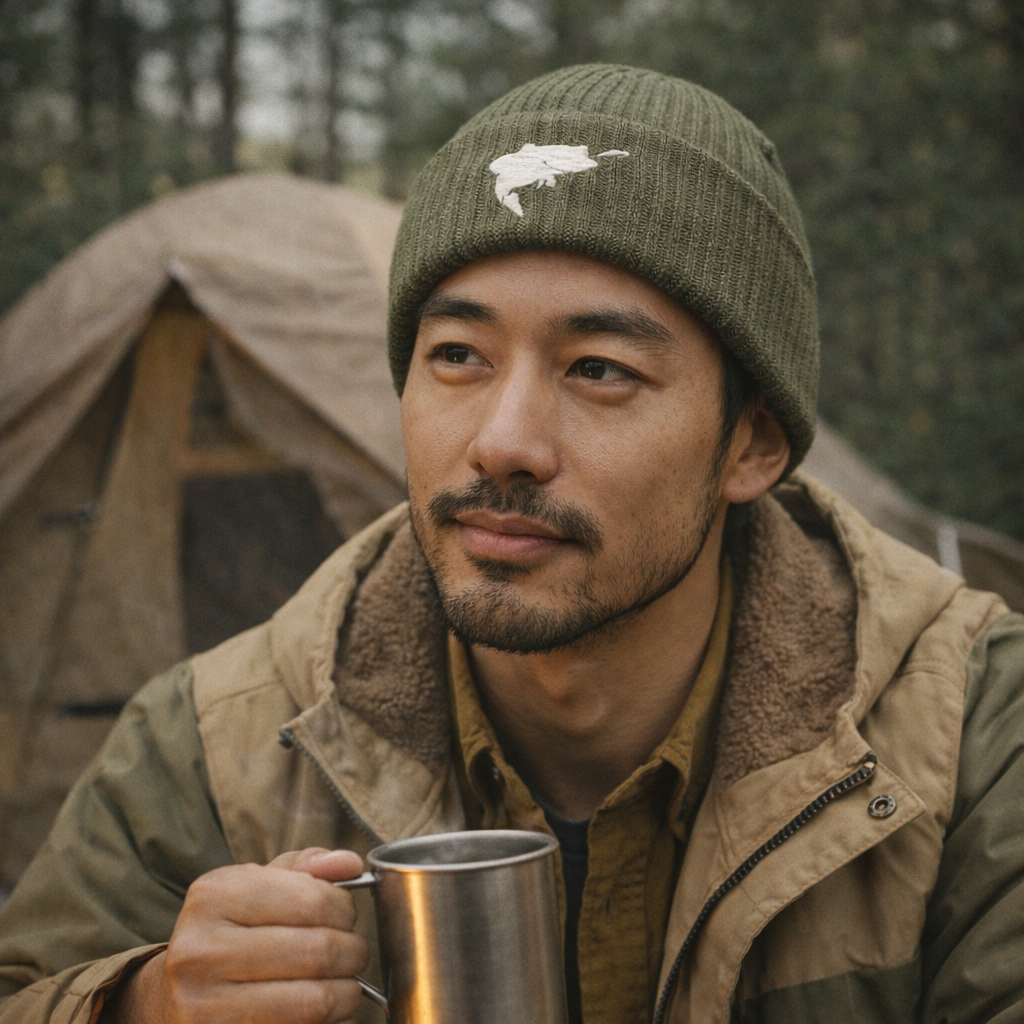 Man in outdoor setting wearing a green fly fishing beanie of a leaping bass fish chasing a streamer