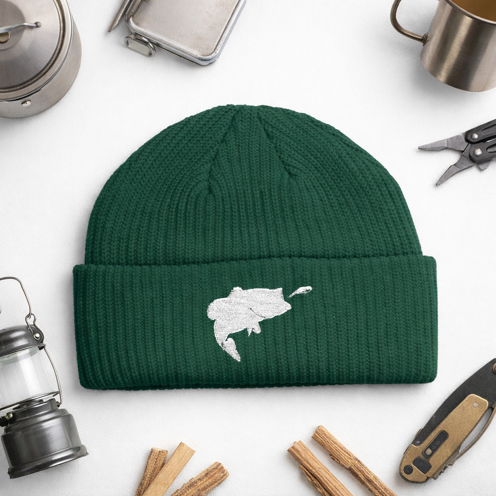 Astrofishicist Leaping Bass Cuff Beanie — Fly Fishing Knit Hat
