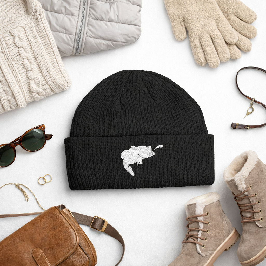 Astrofishicist Leaping Bass Cuff Beanie — Fly Fishing Knit Hat