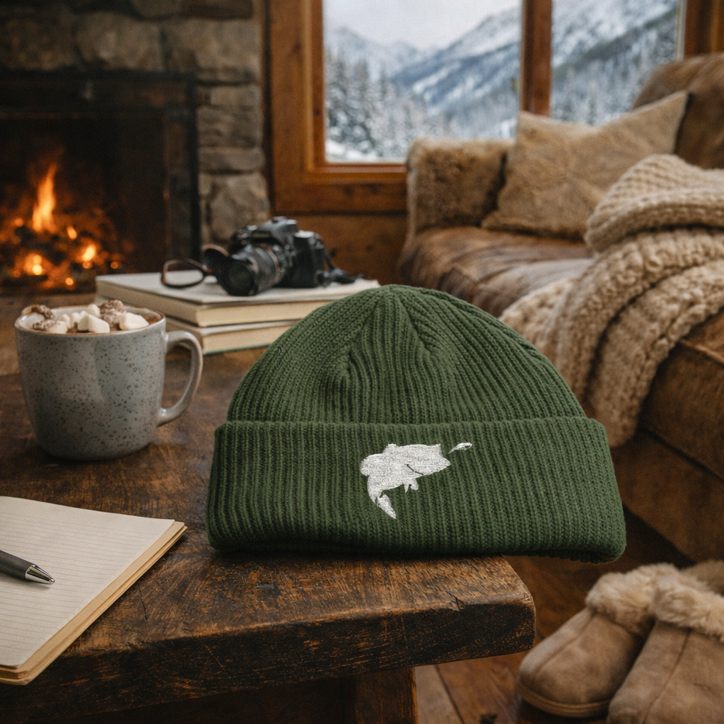 Green beanie with a white logo of a leaping bass fish chasing a streamer on a wooden table in a cozy living room with a fireplace and snowy window view.