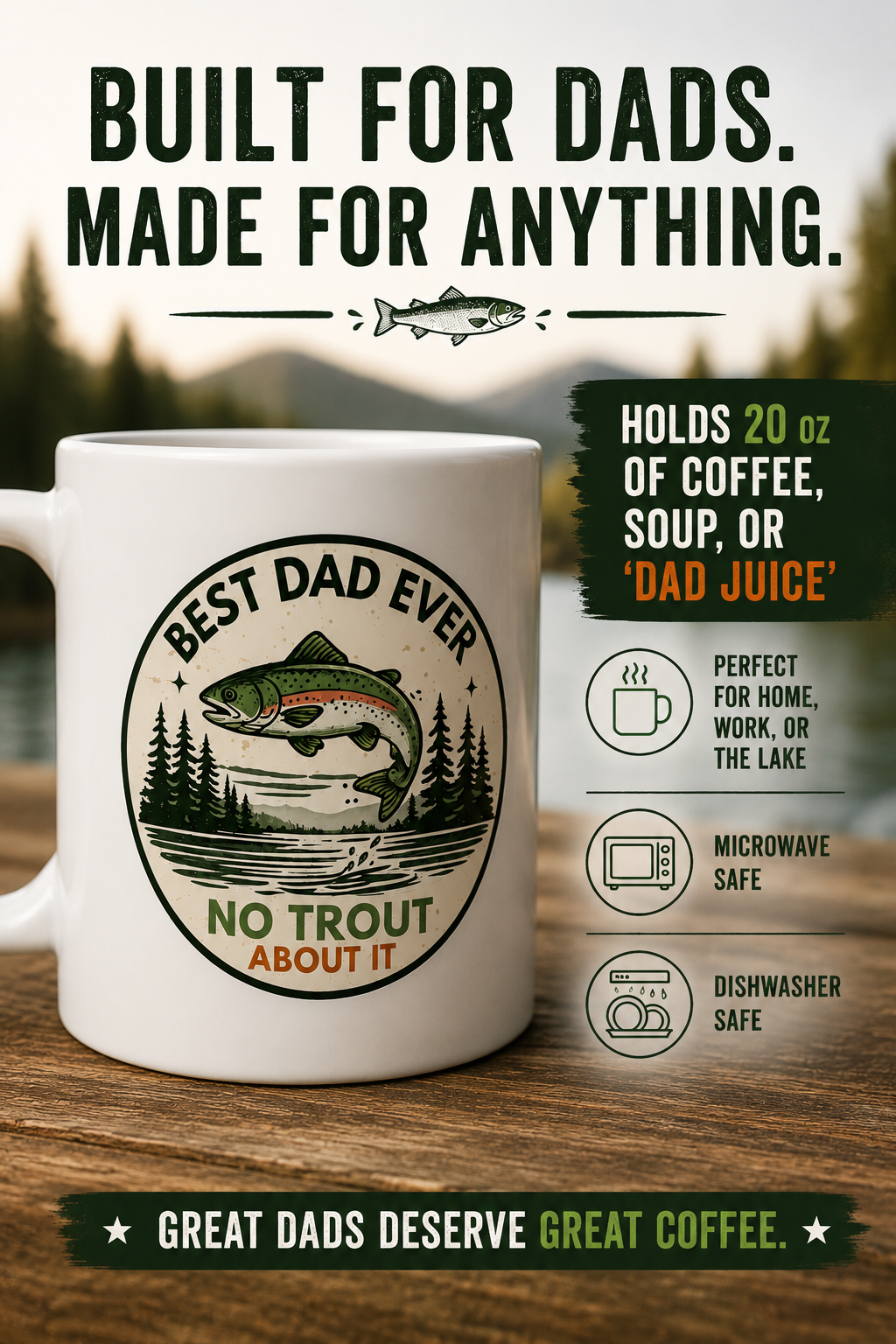 "Best Dad Ever, No Trout About It" 20oz Jumbo Mug (Father’s Day, Fishing Gift)