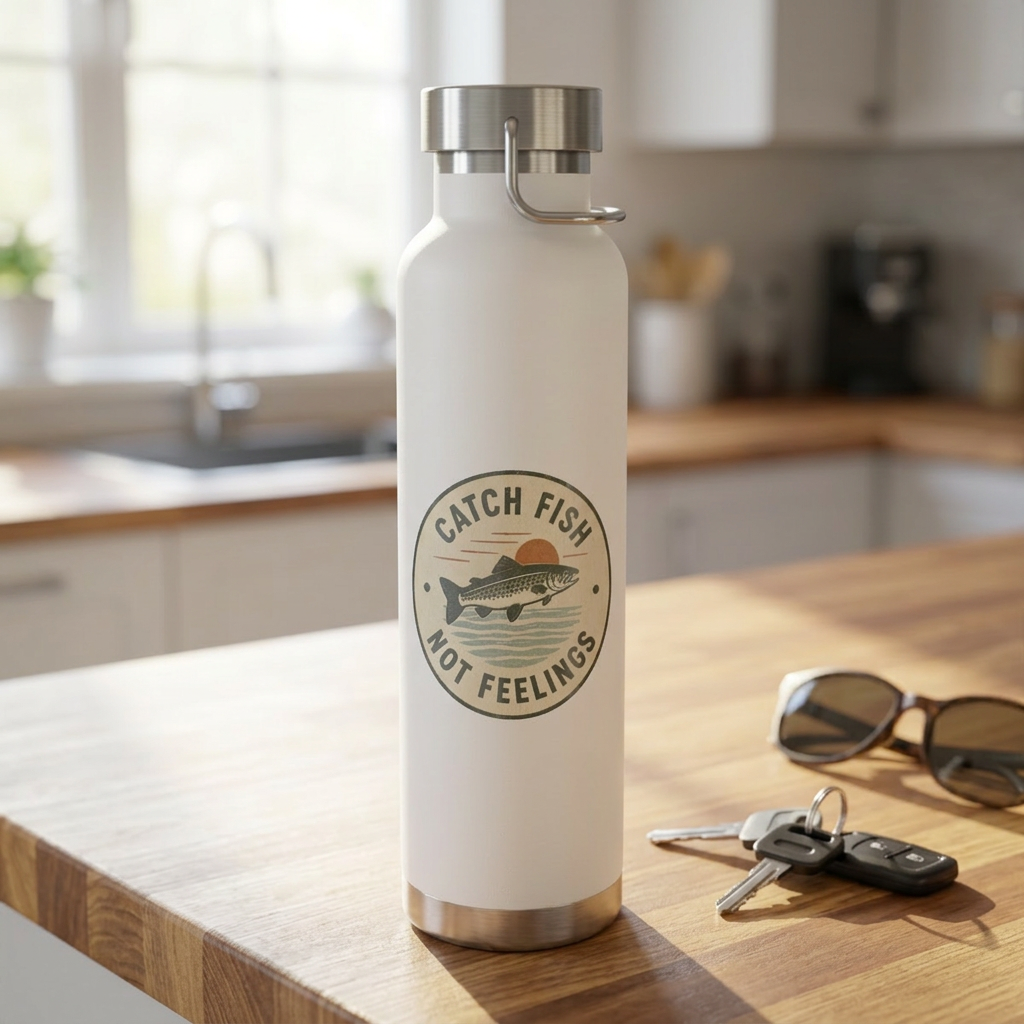 “Catch Fish Not Feelings” 22oz Fishing Water Bottle, Insulated Copper Tumbler