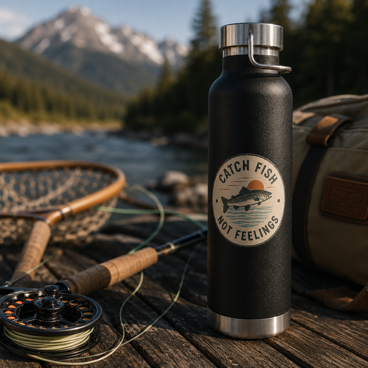 “Catch Fish Not Feelings” 22oz Fishing Water Bottle, Insulated Copper Tumbler