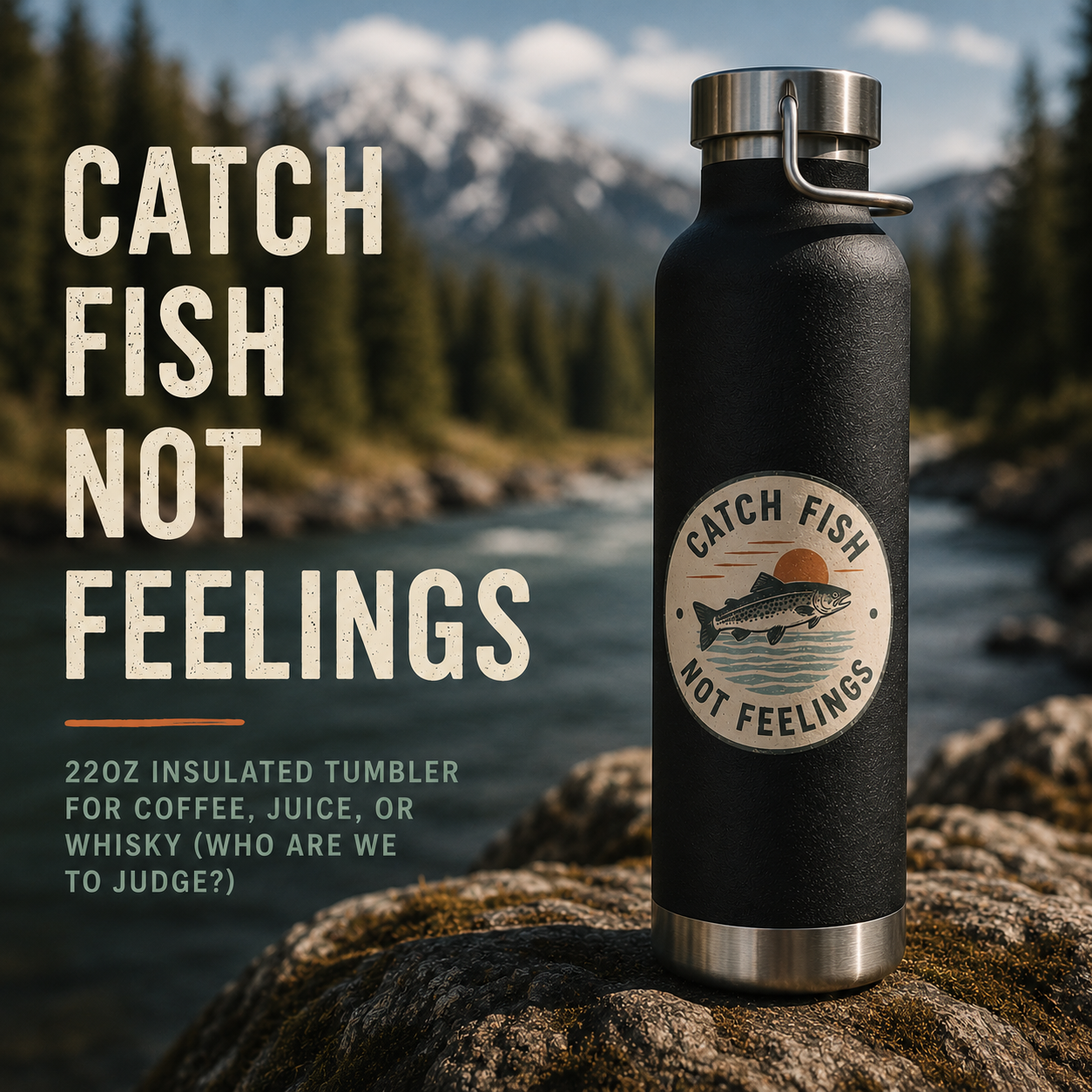 “Catch Fish Not Feelings” 22oz Fishing Water Bottle, Insulated Copper Tumbler