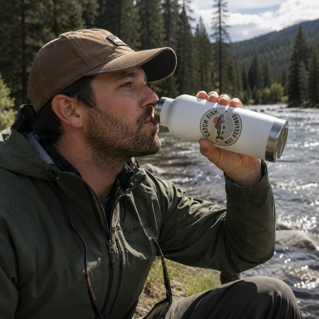 “Catch Fish Not Feelings” 22oz Fishing Water Bottle, Insulated Copper Tumbler