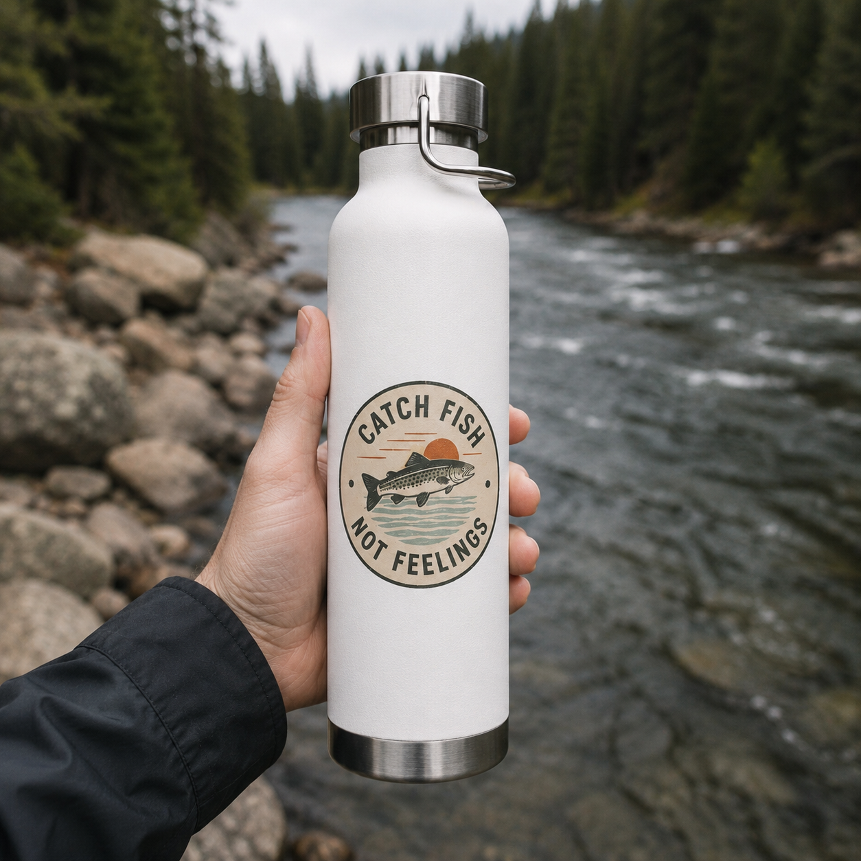 “Catch Fish Not Feelings” 22oz Fishing Water Bottle, Insulated Copper Tumbler
