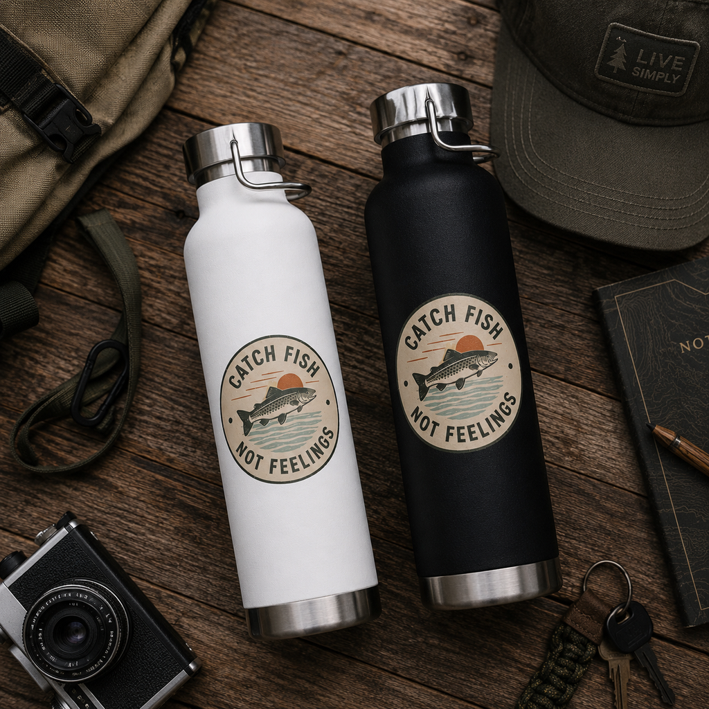 “Catch Fish Not Feelings” 22oz Fishing Water Bottle, Insulated Copper Tumbler
